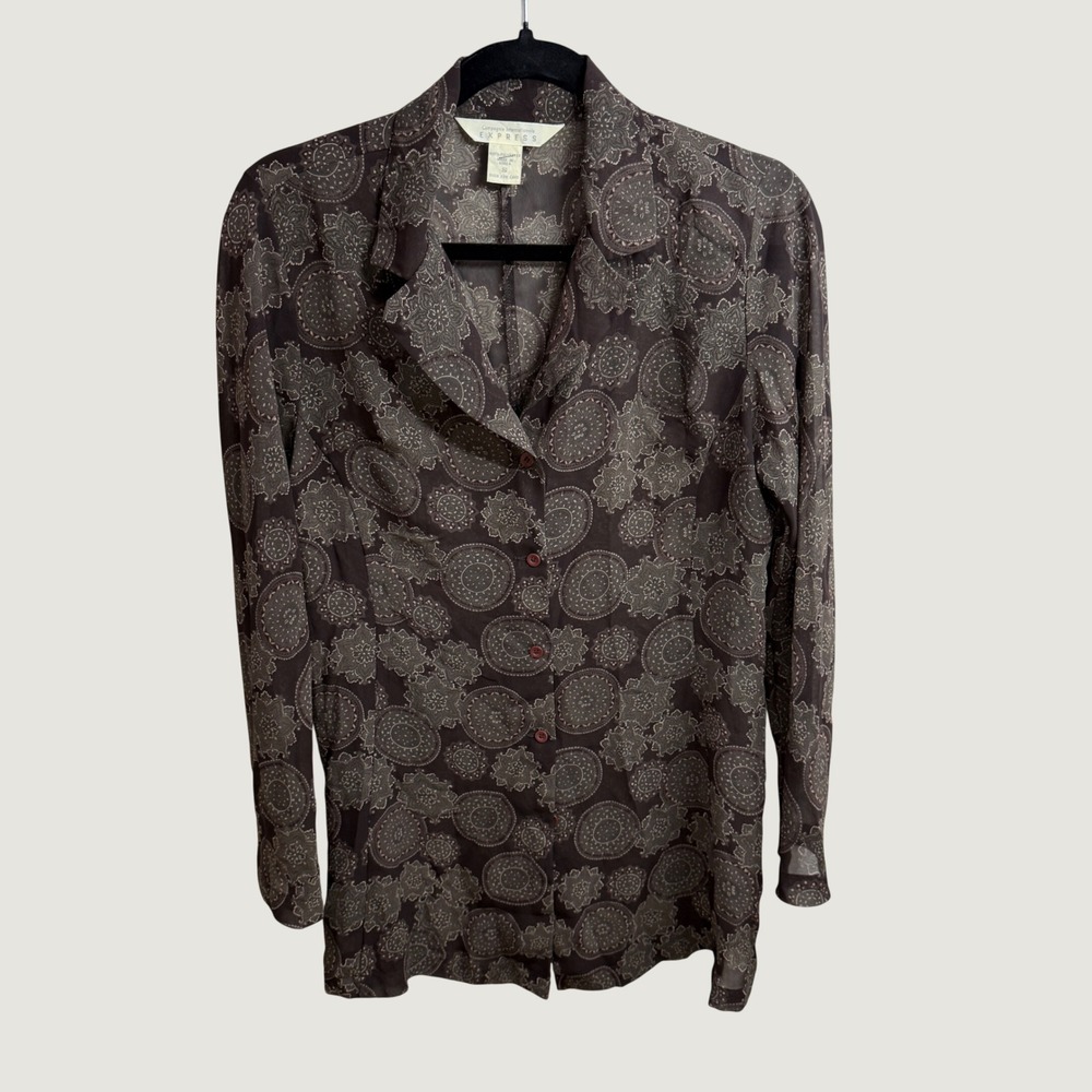 Vtg Express Sheer Paisley Button Front Blouse Womens Small Brown Y2K Office Boho